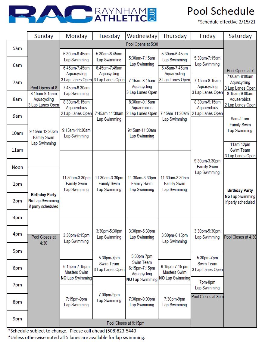 Swimming Pool Schedule - Raynham Athletic Club