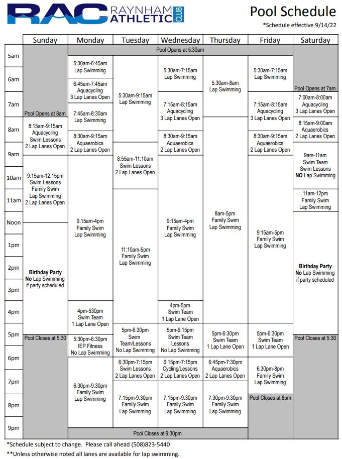 Swimming Pool Schedule - Raynham Athletic Club