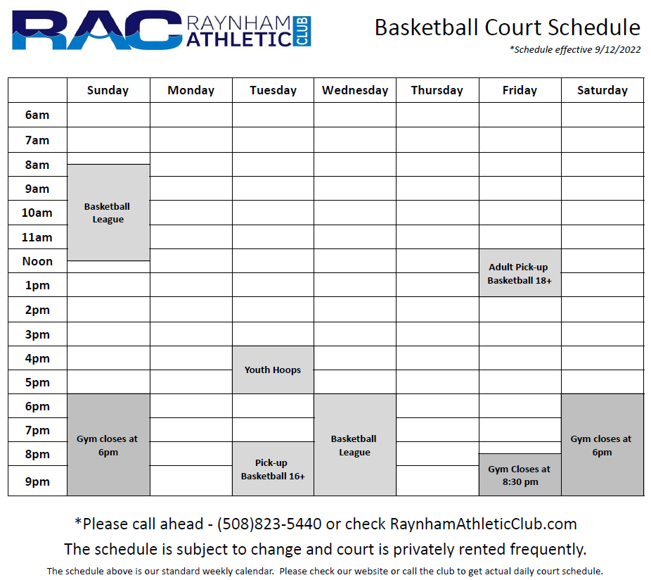 Basketball Court Schedule - Raynham Athletic Club