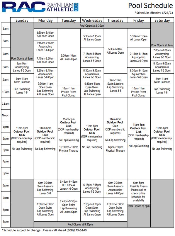 Swimming Pool Schedule - Raynham Athletic Club